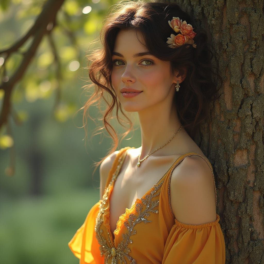 Smiling Woman in Autumn Dress, Art Nouveau Style