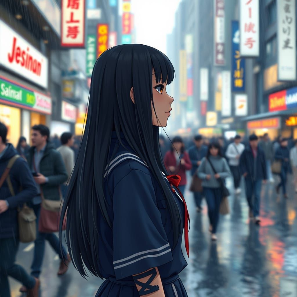 Girl in Rainy Anime City, Inspired by 3D Anime Art