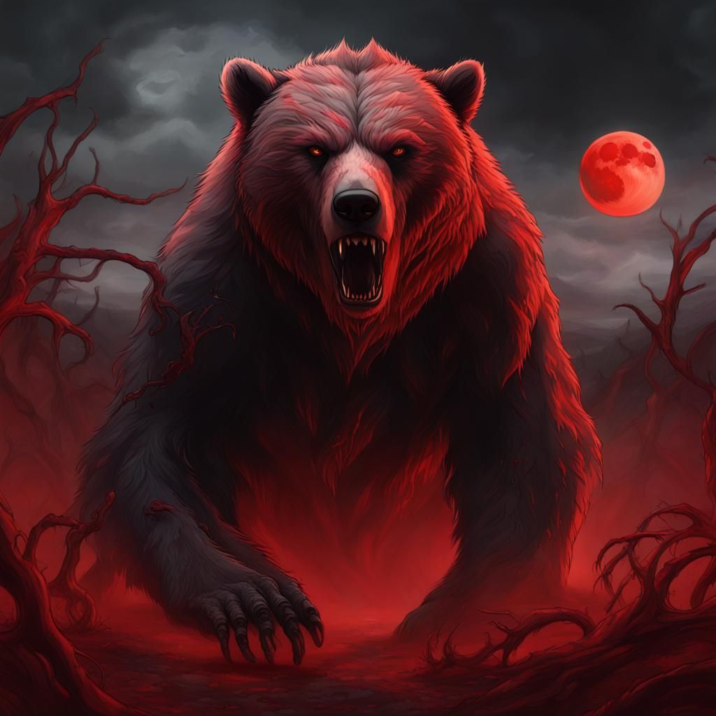 Eerie Zombie Bear Humanoid Under Blood Red Moon