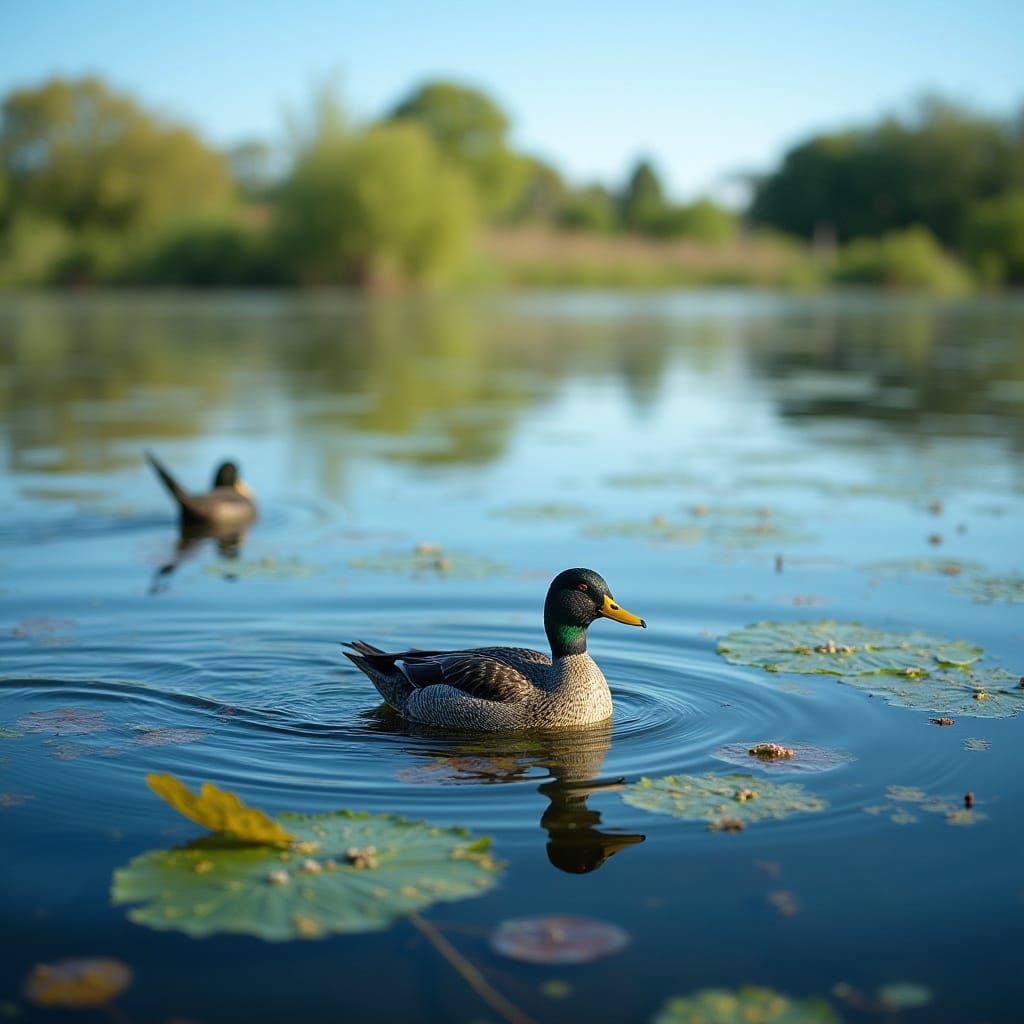 Sunny Lagoon with Aquatic Vegetation and Ducks