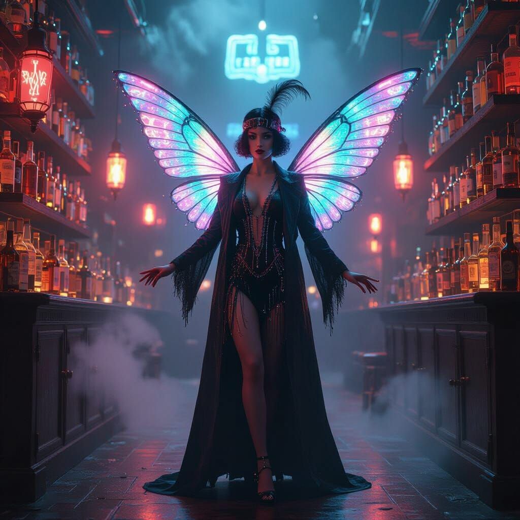 Cyberpunk Flapper with Wings in Noir Speakeasy