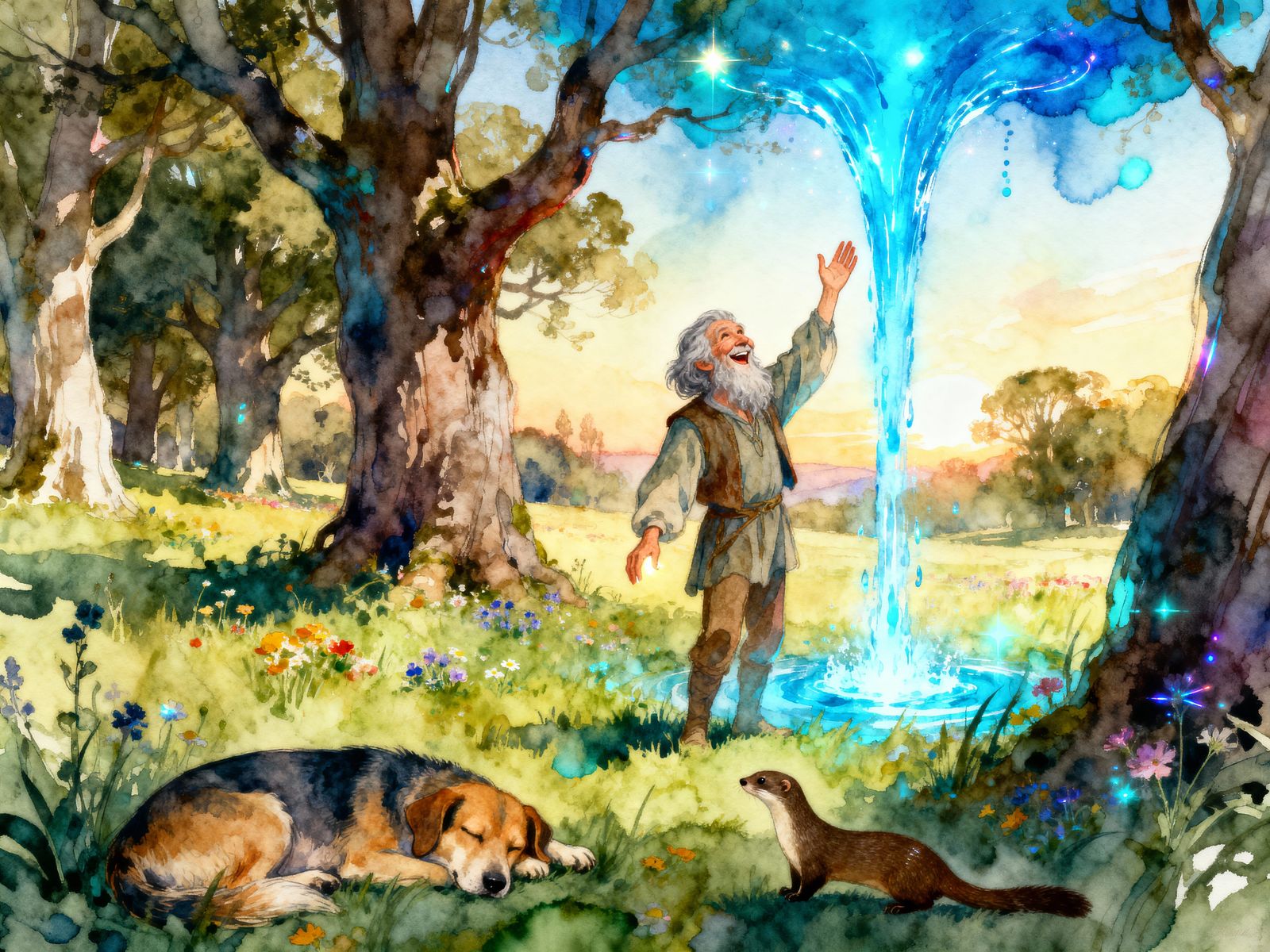 Joyful Water Diviner Creates Blue Geyser in Magical Forest