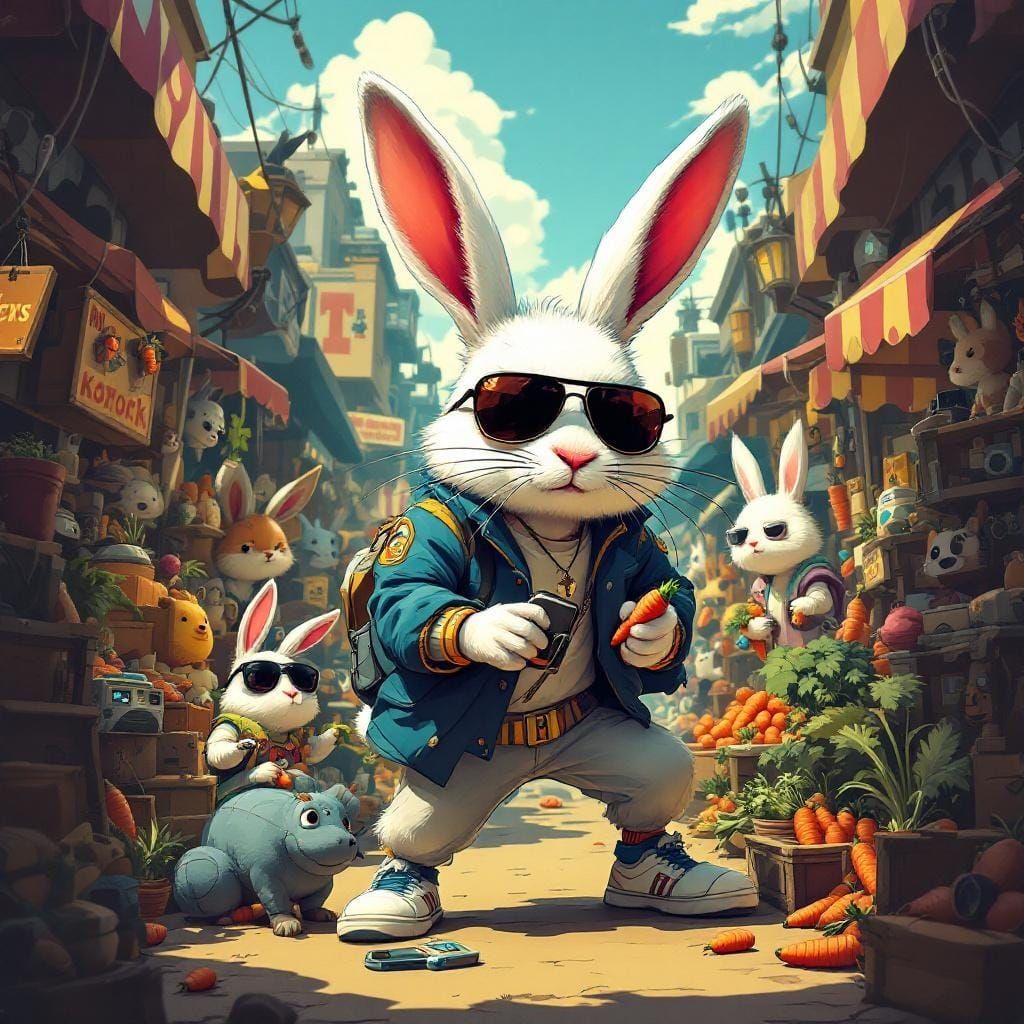 Trendy Rabbit Trades Carrots in Animal Marketplace