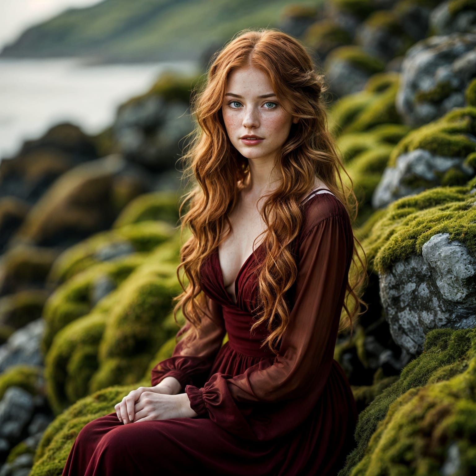 Red-Haired Woman in Red Dress, Evocative Portrait