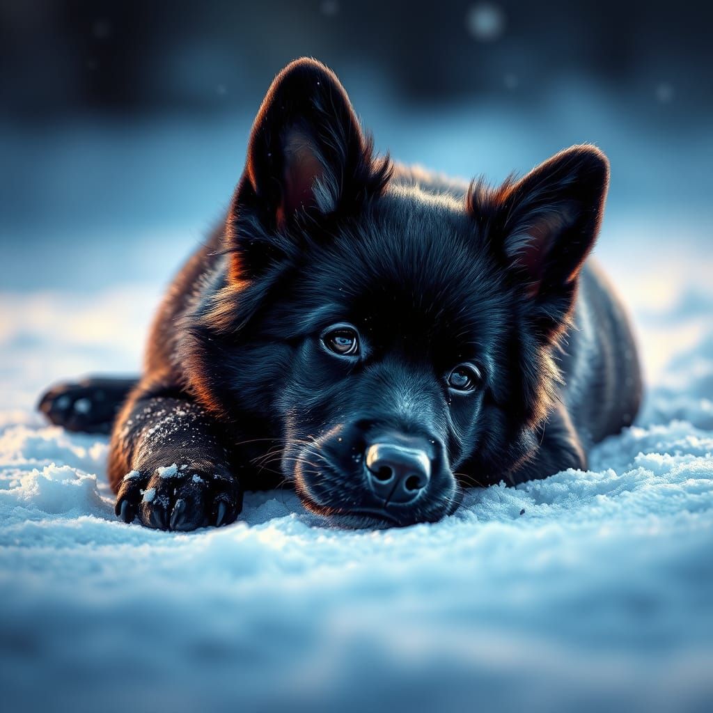 Adorable Black Dog in Snow, Hyperrealistic Art