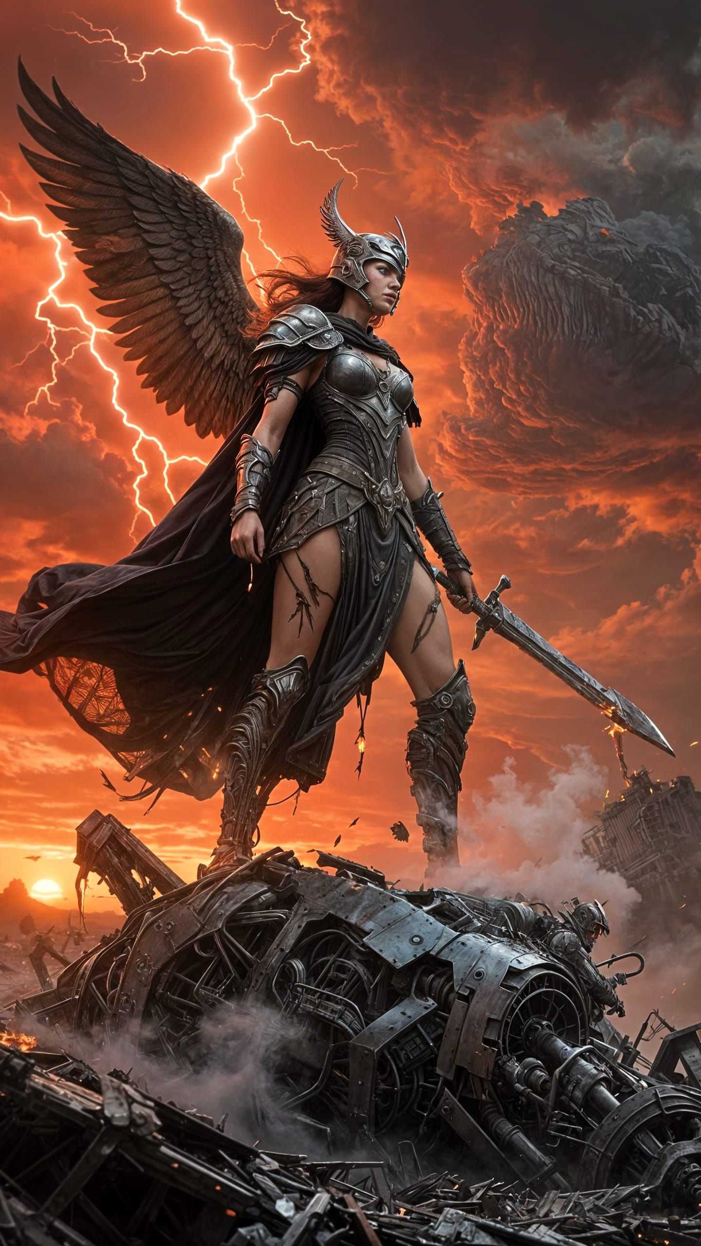 Valkyrie Warrior Triumphant Over Mech Titan in Sunset