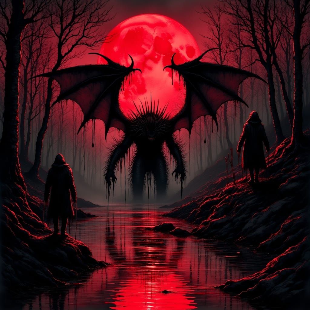 Eldritch Monster Silhouette Under Blood Moon