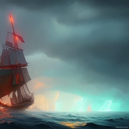 Ship Navigating Stormy Seas: Art Nouveau Concept