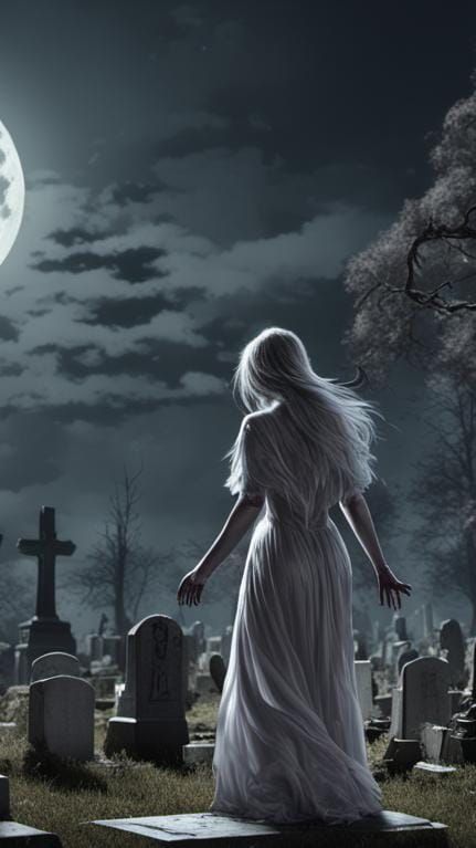 Ghost of the white woman hovers over the cemetery at night ....