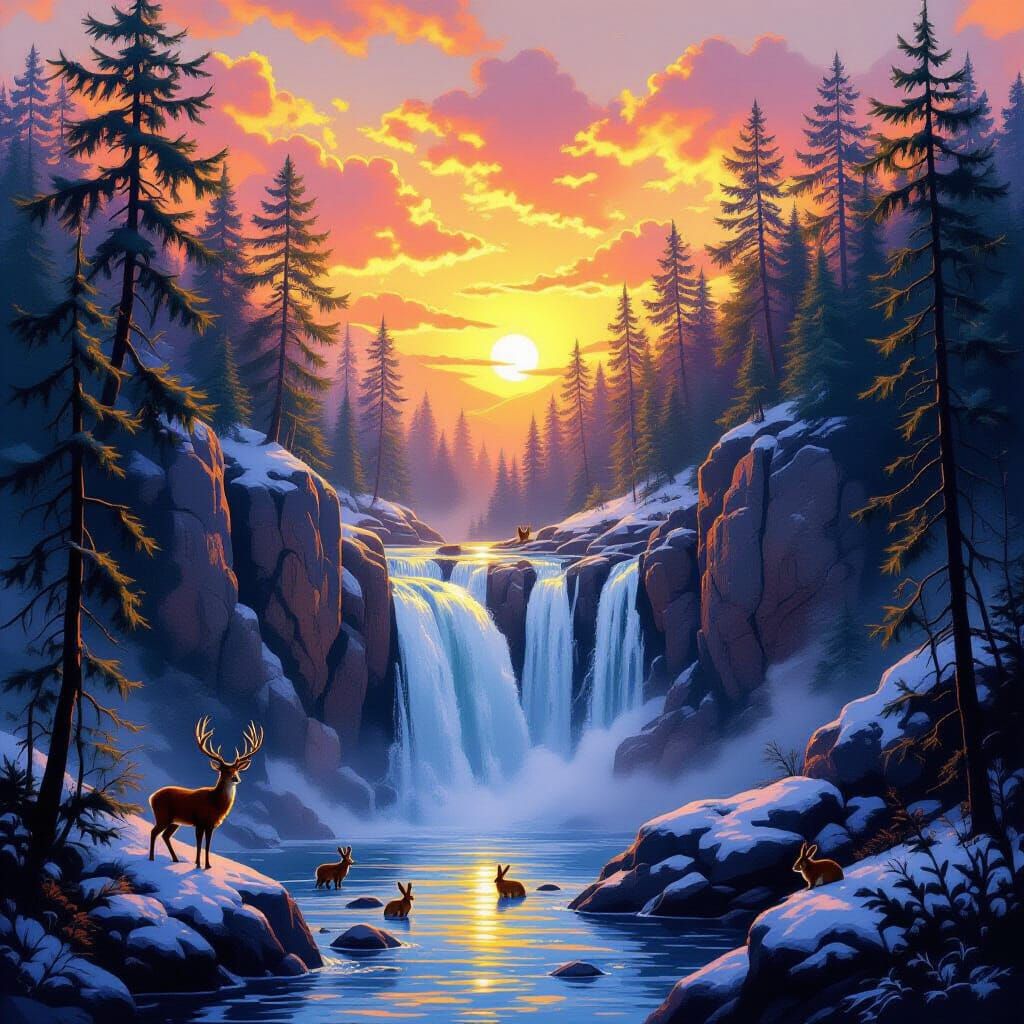 Snowy Waterfall Forest Landscape: Gurney, Stalenhag, Loish
