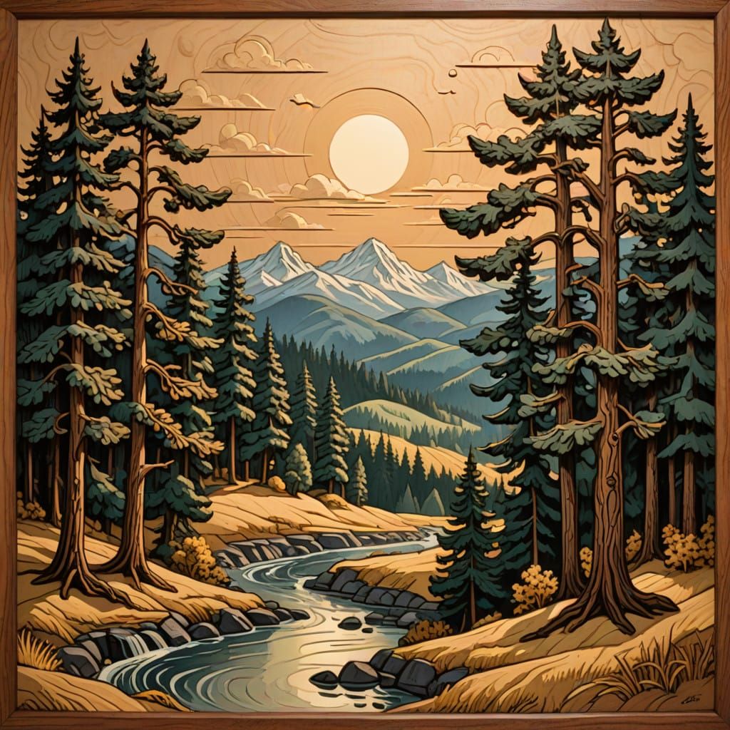 Elegant Woodland Scene in Whimsical Folk Art Style