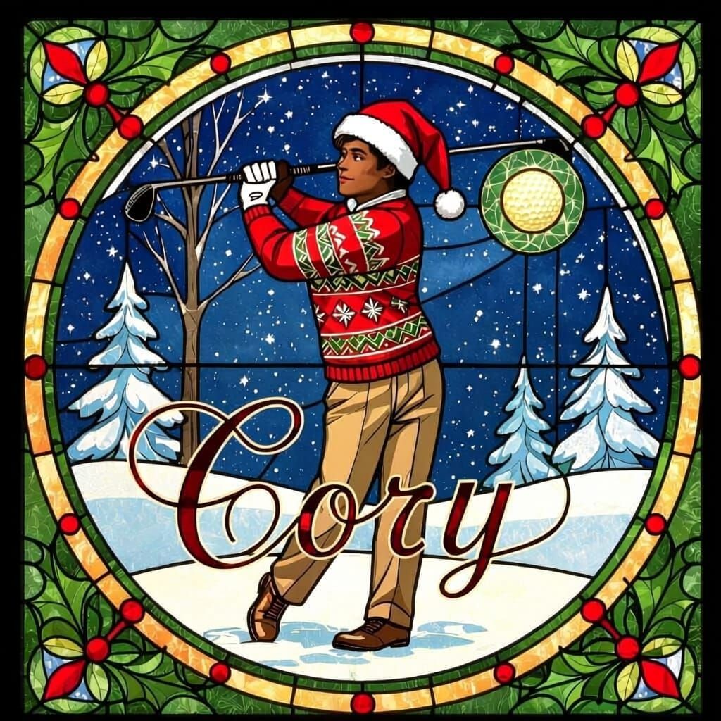 Round Stained Glass with Christmas Golf Theme for Cory