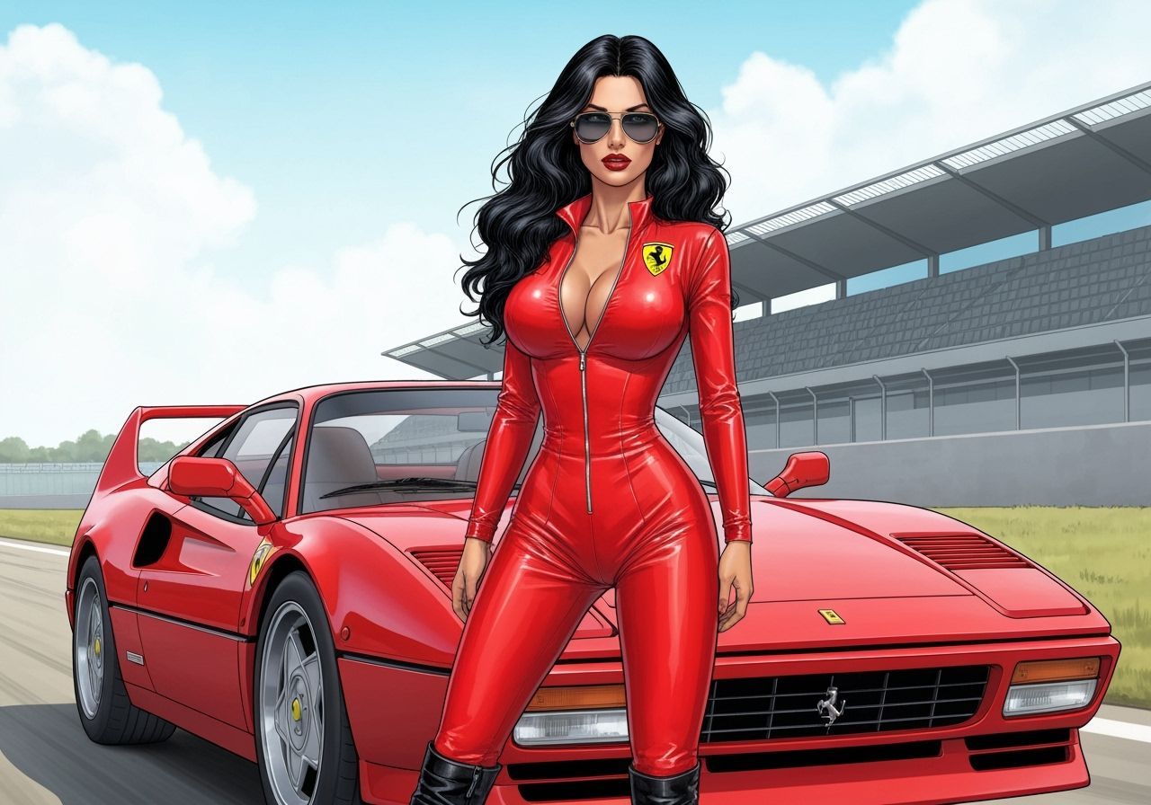 Italian Model in Red Catsuit at Monza, Comic Book Style