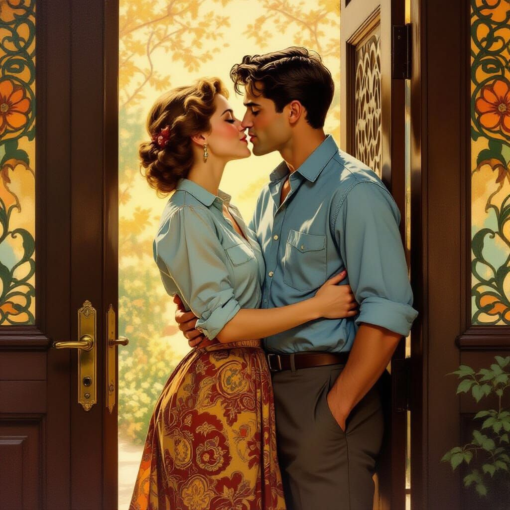 Passionate Kiss in Golden Light: Art Nouveau Style