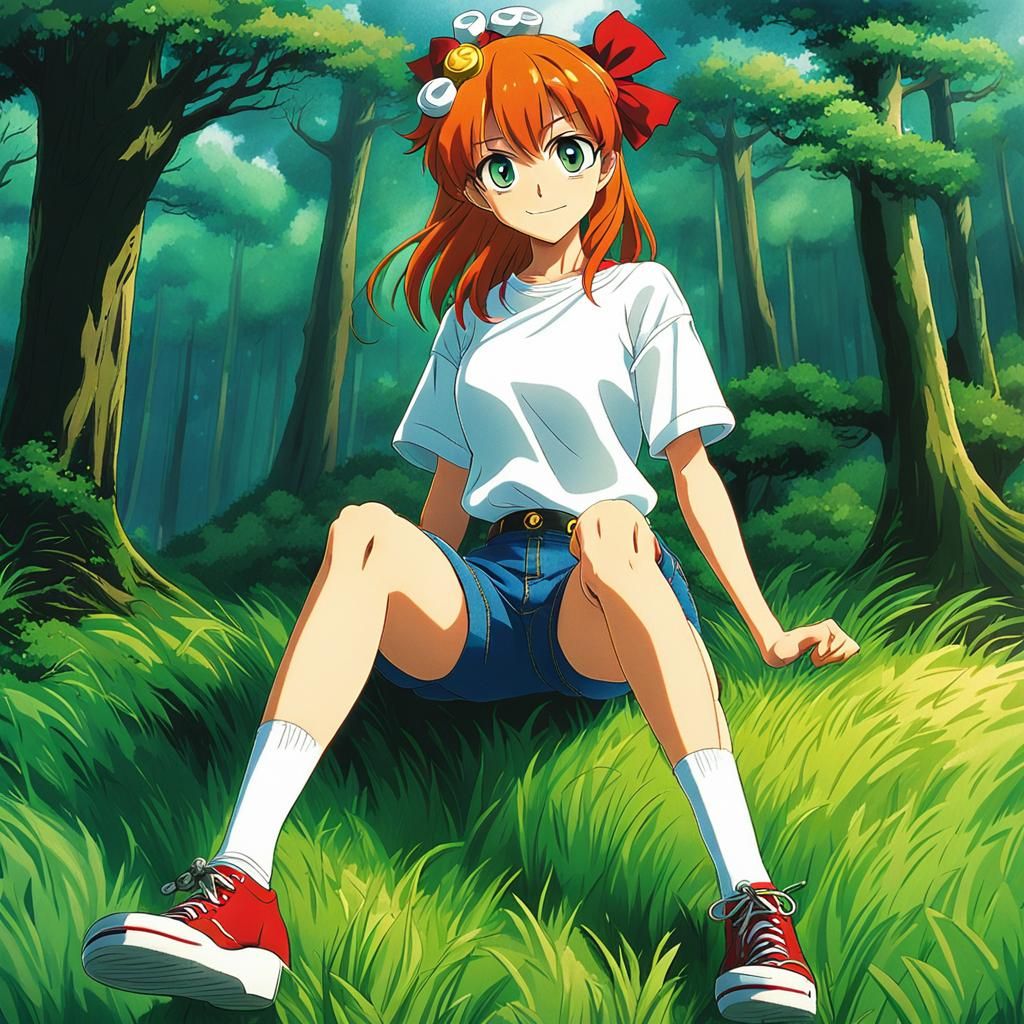 Anime Girl with Red Bow in Manga Style