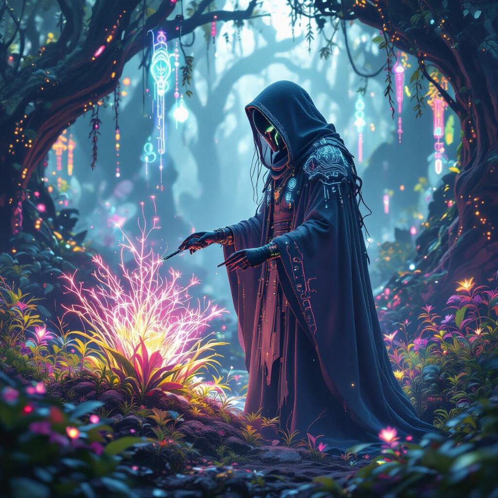 Cybernetic Druid in Luminous Alien Grove