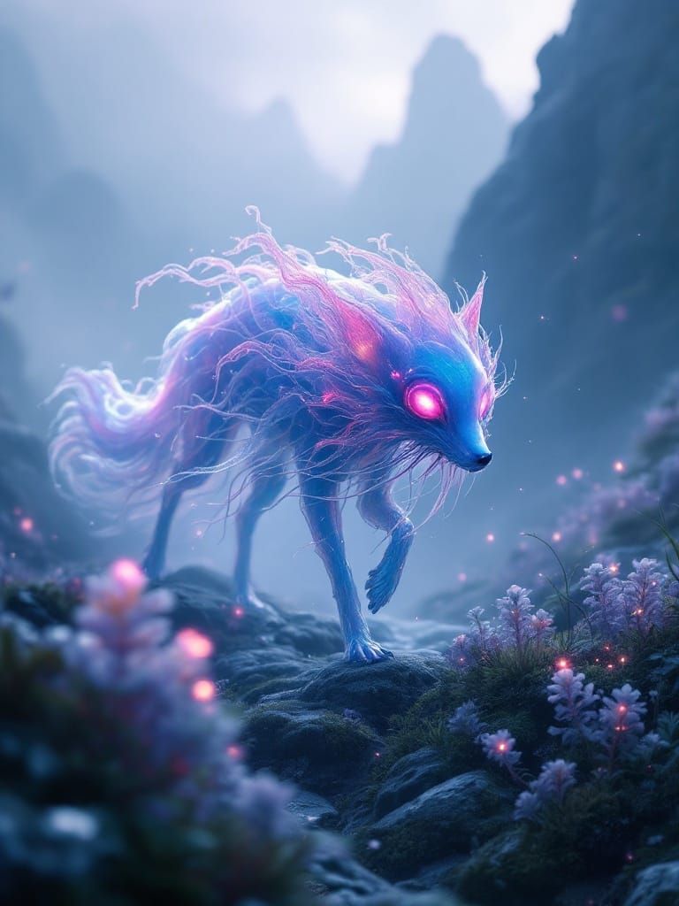 Fox-Jellyfish Hybrid in Mystical Dark Fantasy Realm