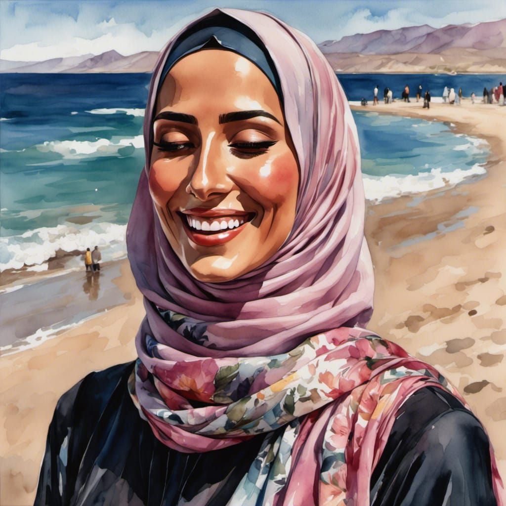 Woman in Burqini Elegantly Smiling on Beach