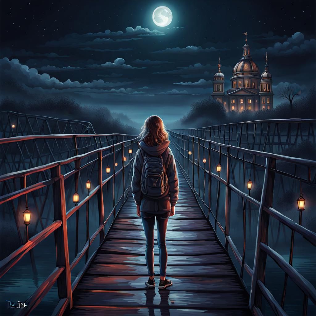 Teen on Bridge: Surreal Maximalist Midnight Contemplation
