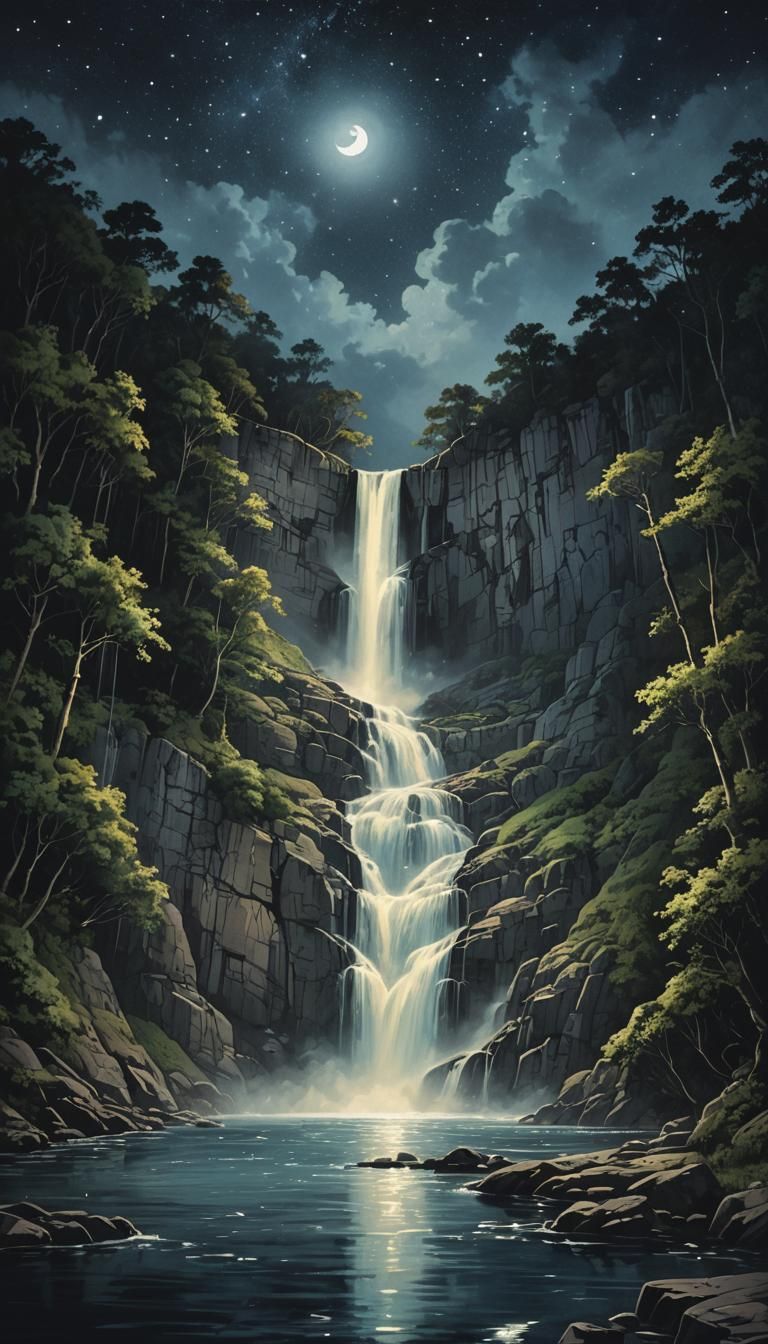 Moonlit Waterfall Under a Starry Night Sky
