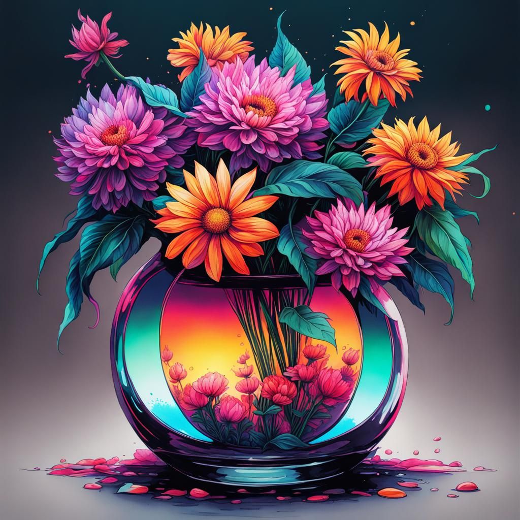 Intricate Flower Vase in Cyberpunk Watercolor Style