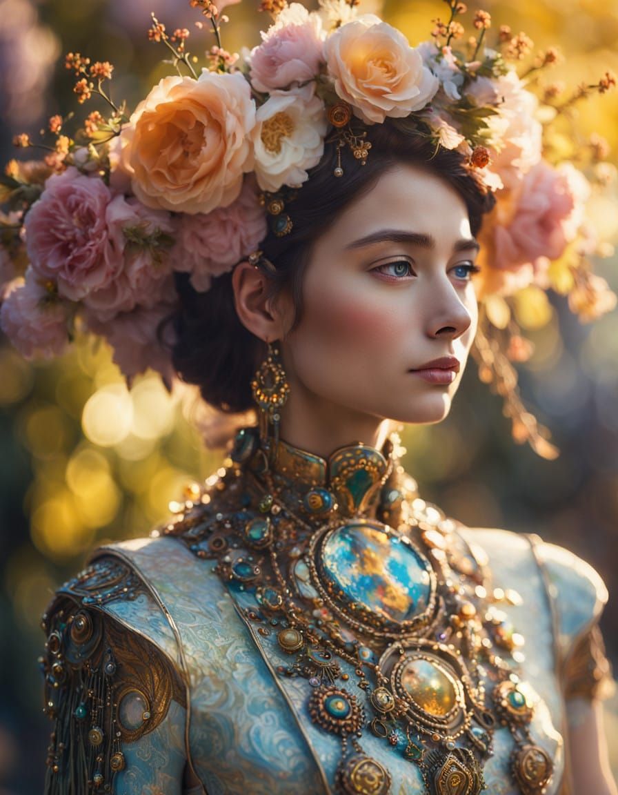 Regal Cyberpunk Robot Princess in Sunrise Hues