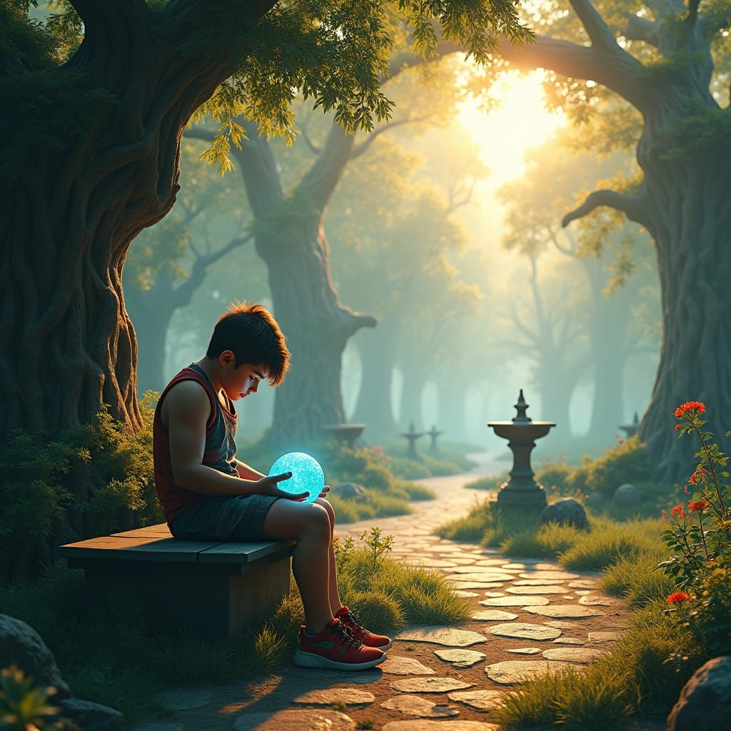 Boy in Fantasy Forest with Glowing Orb