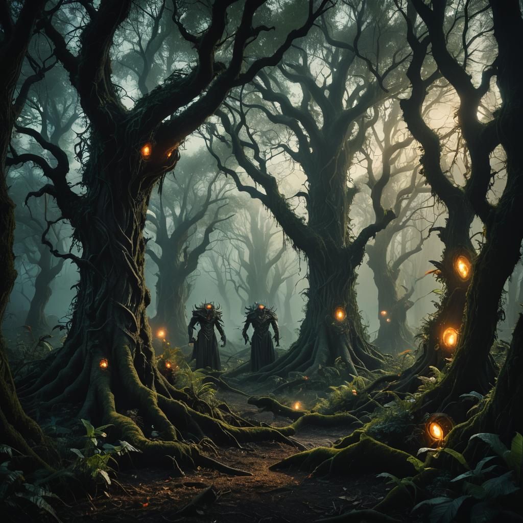 Eerie Dark Fantasy Scene with Mythical Creatures