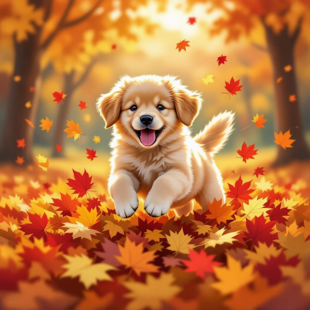 Golden Retriever Puppy Leaping in Autumn Leaves