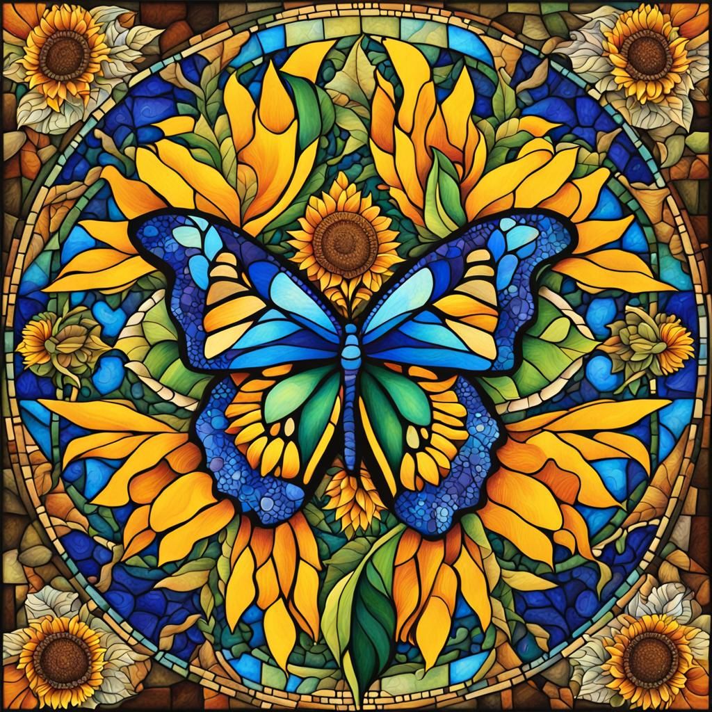Sunflower and Butterfly in Stained Glass Style