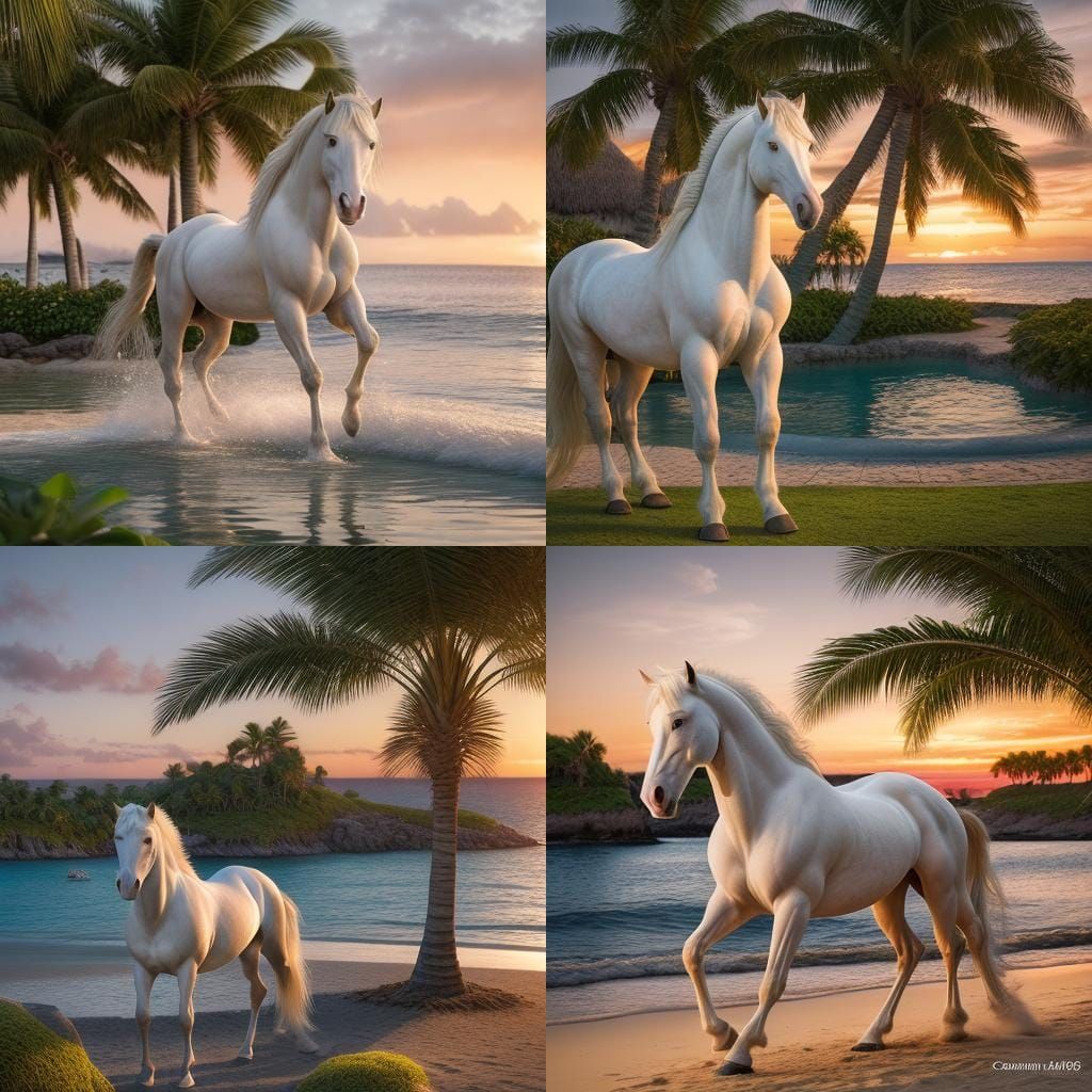 Island Oasis at Sundown with White Horses
