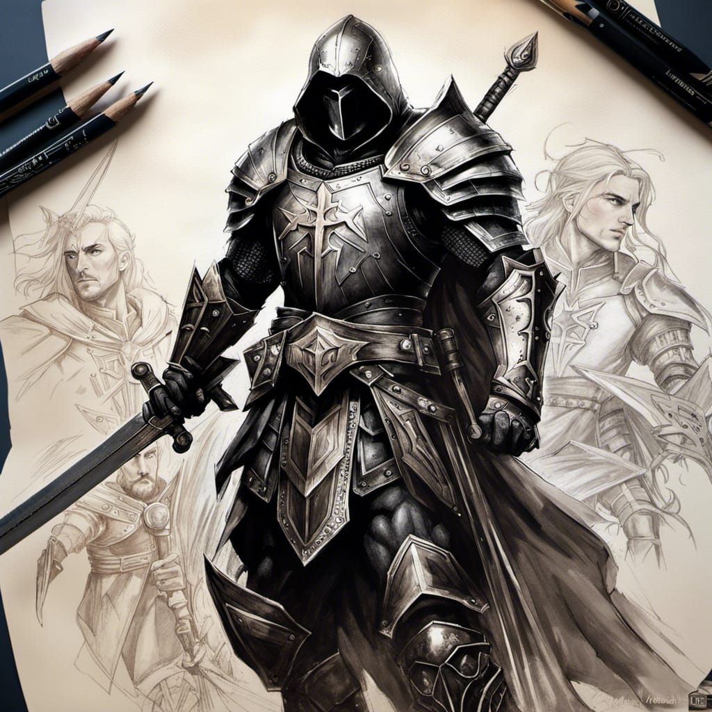 Sketch of Crusader with sword on collage