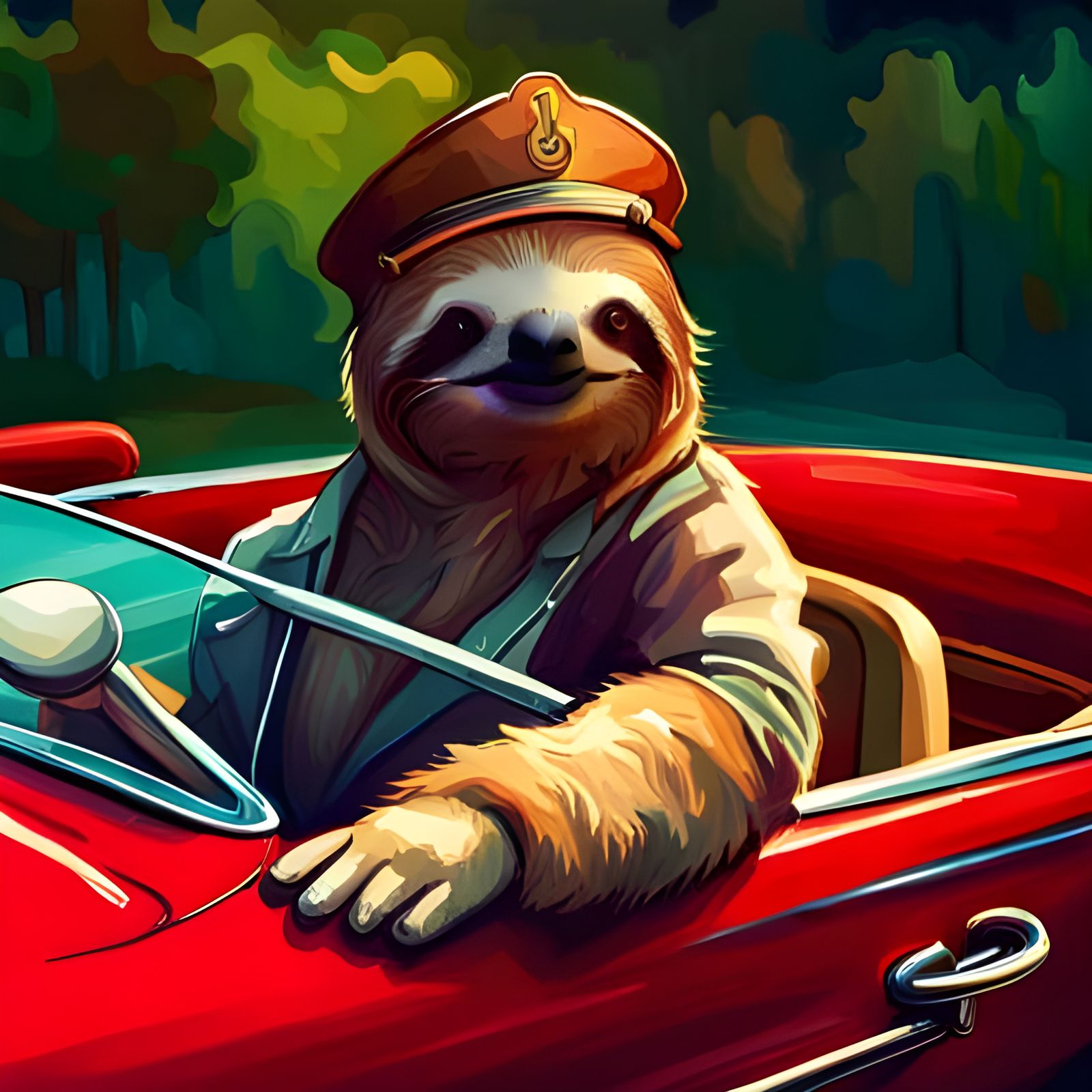 Sloth Drives Convertible in Impressionist Style