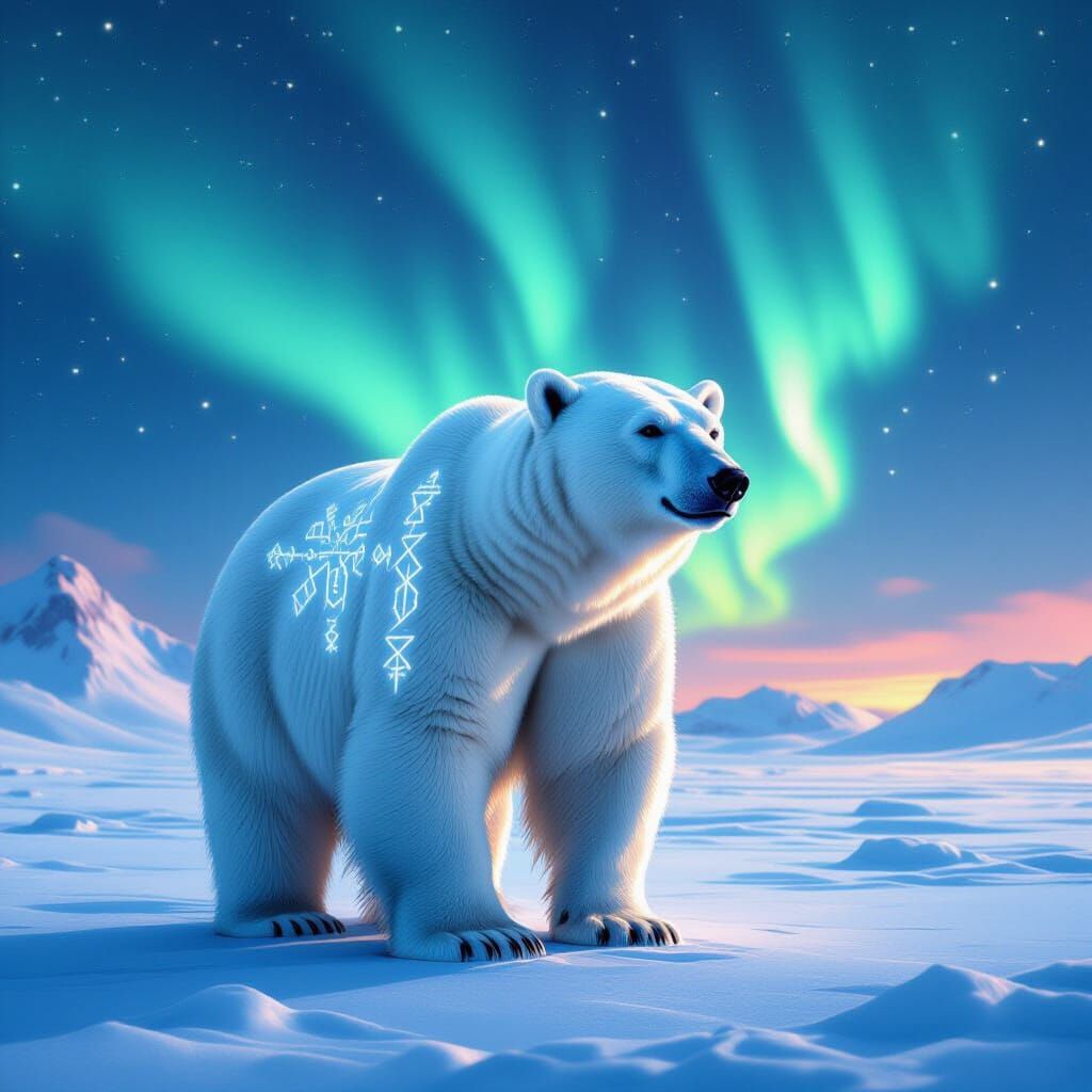 Polar Bear with Nordic Runes Under Aurora Borealis