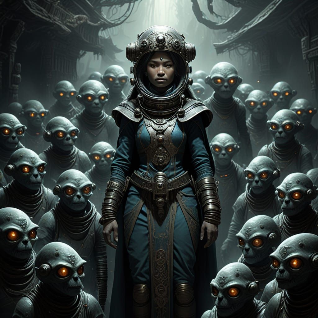 Tibetan Shaman Woman in Space Suit with Alien Horde
