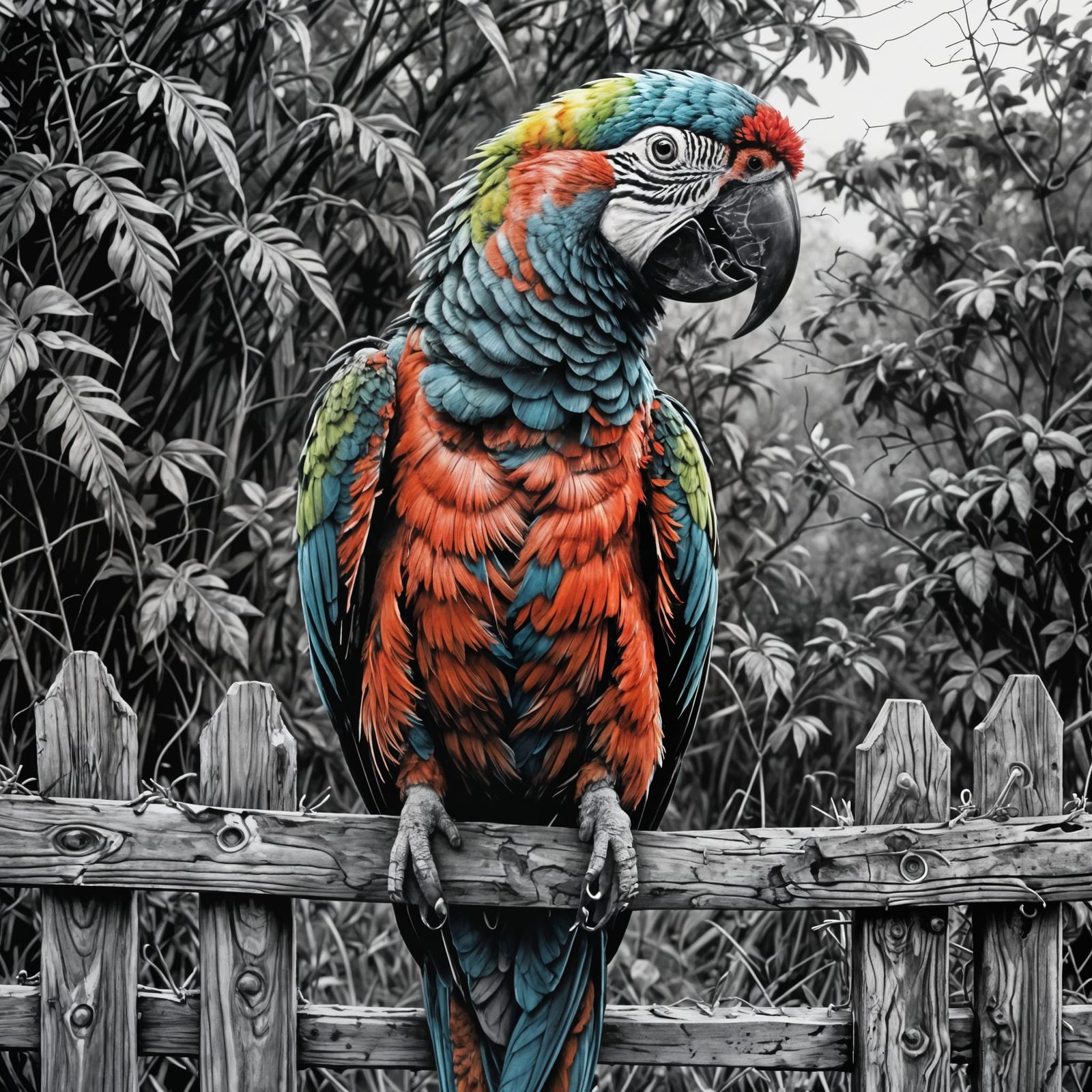 Parrot Grooming in Monochrome World, Charcoal Drawing