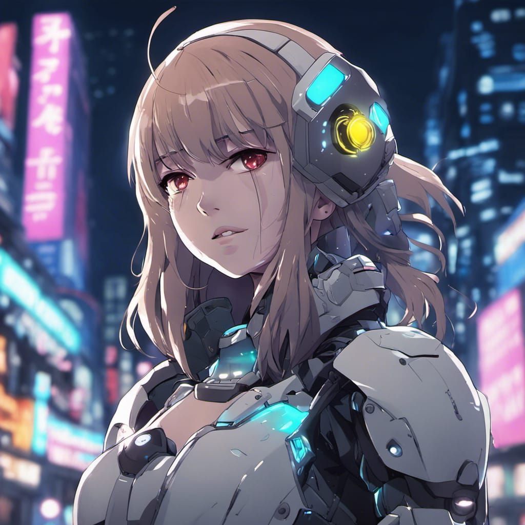 Cyborg Girl in Neon City, Anime Style