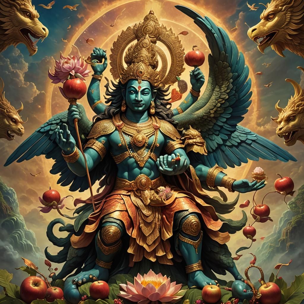 Lord Vishnu and Garuda Made of Apples