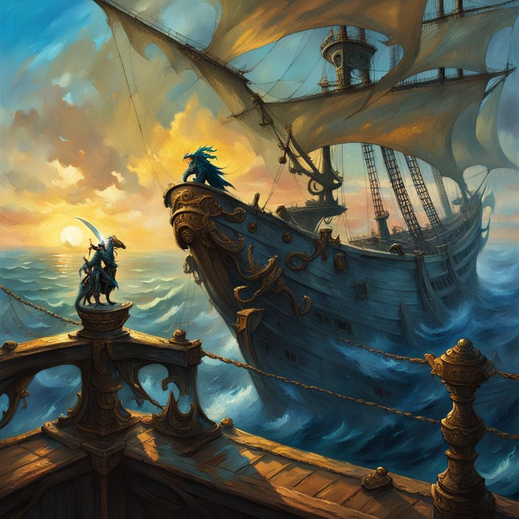 Pirate Dragon on Deck in Fantasy Art Style