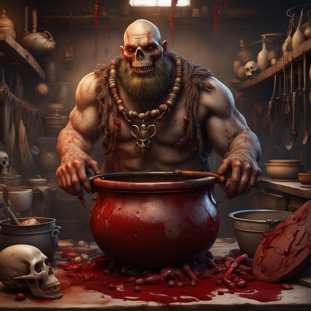 Fierce Ogre Butcher in Bloody Kitchen