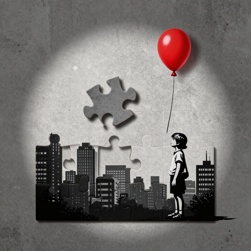 Urban Loss: Child with Balloon and Falling Puzzle Piece