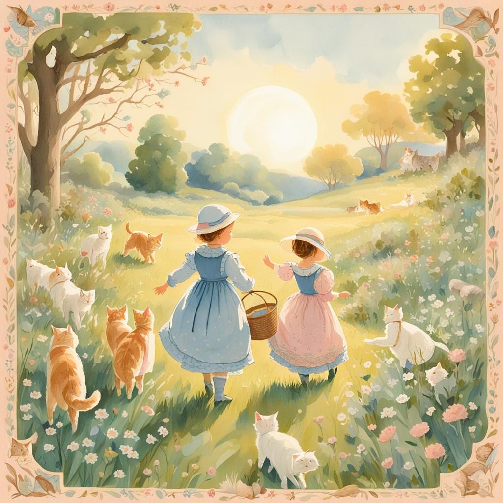 Bo-Peep Herding Cats in Whimsical Gouache Style