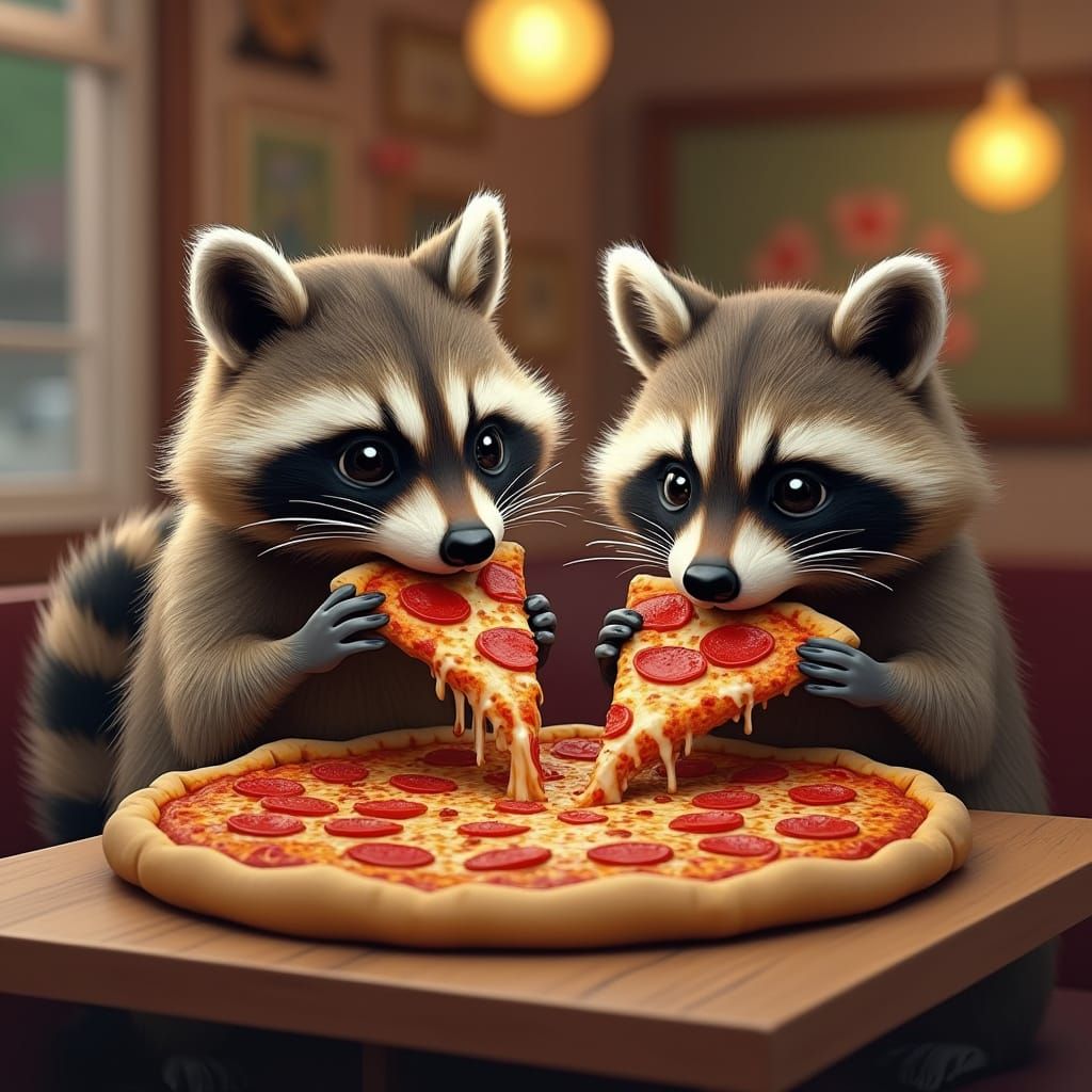 Raccoons Eating Pizza in Pizzeria