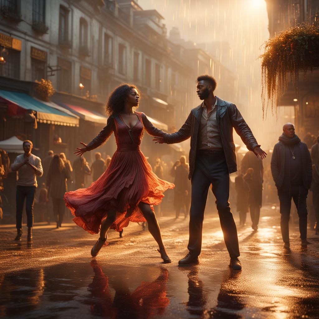 Couple Dancing in Rainy Street: Detailed Matte Painting