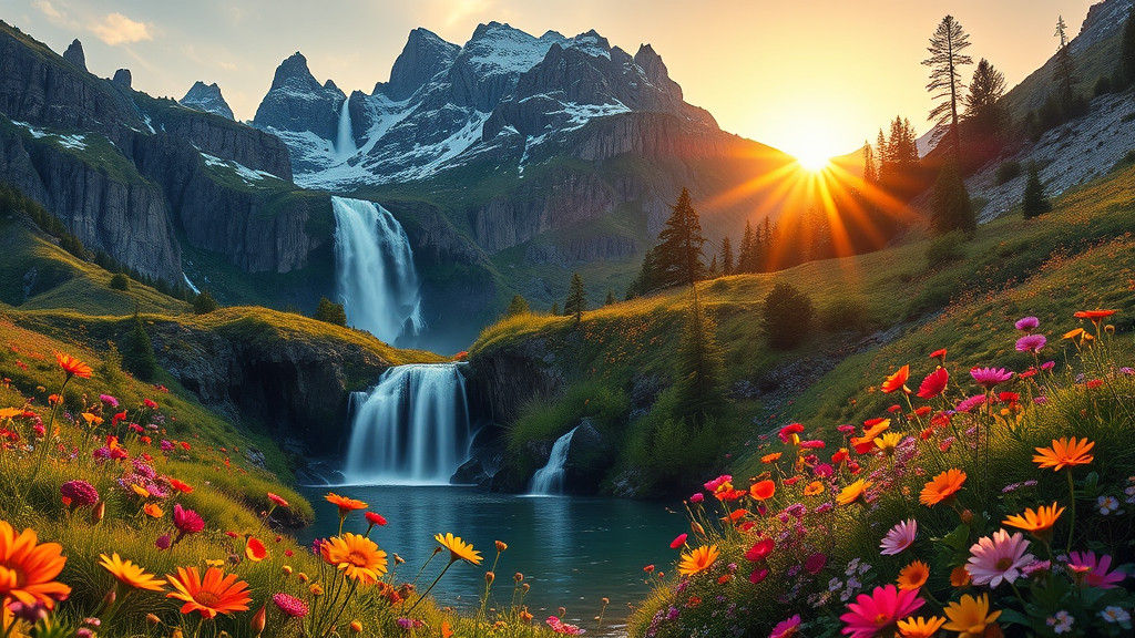 Golden Hour Mountain Meadow: Impressionistic Surreal Landsca...