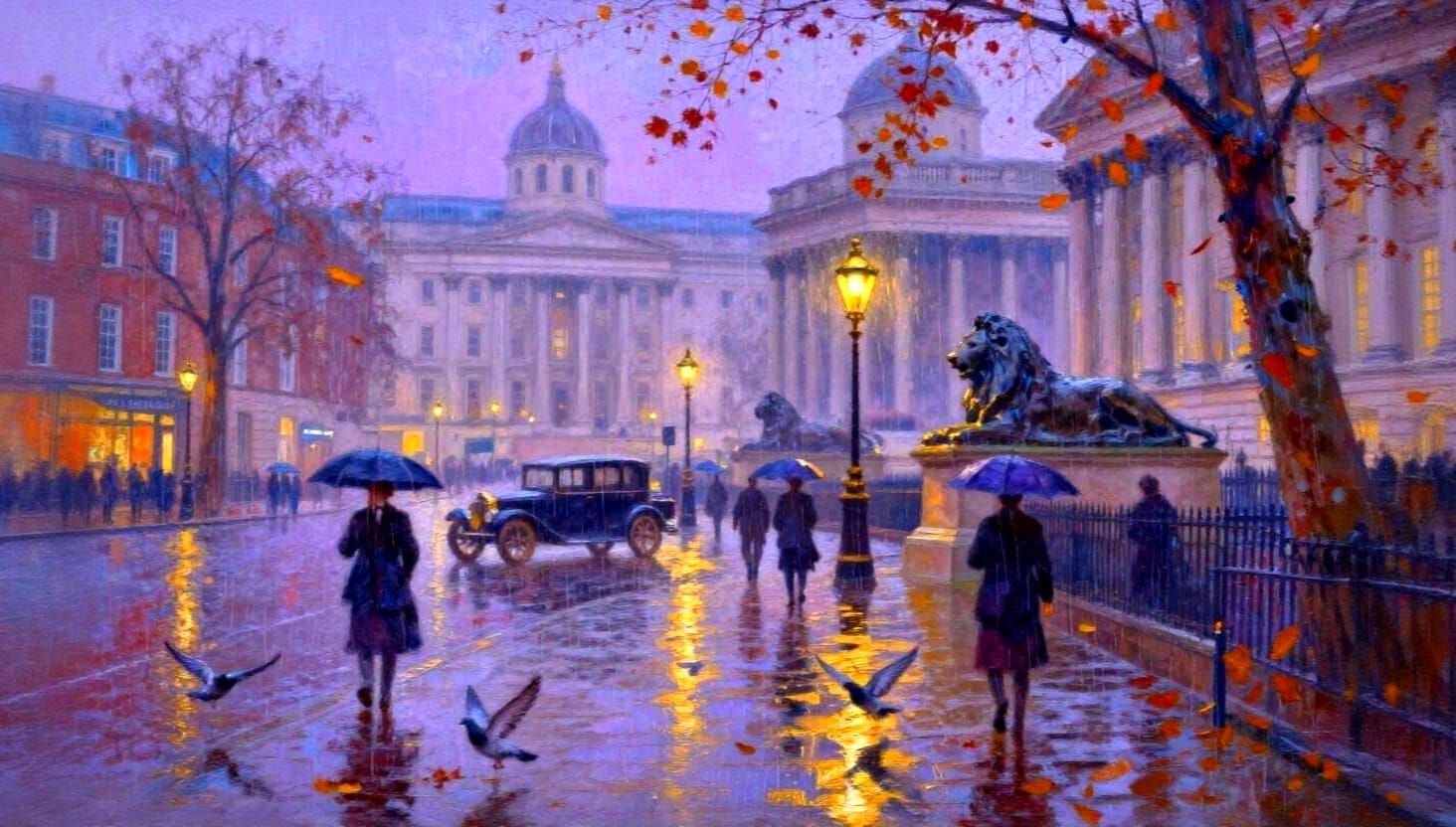 Impressionist London Street Scene in Rainy Dusk