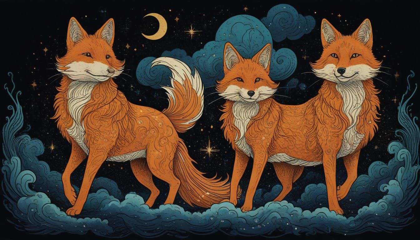 Symmetrical Portrait of Golden Fox with Nine Tails, Leaping...