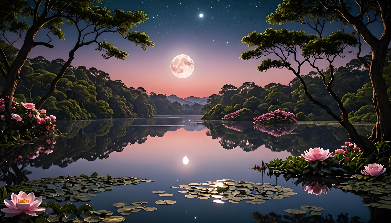Mystical Lake Reflecting Moon in Velvet Sky