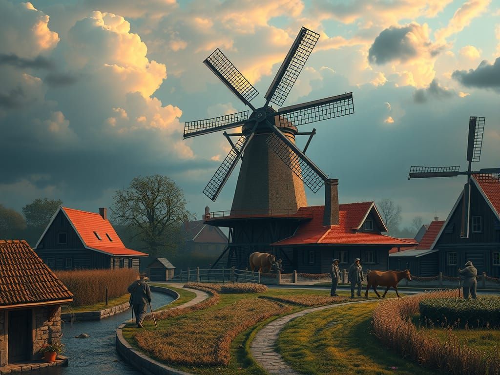 Dutch Village Masterpiece with Windmill in Vibrant Colors