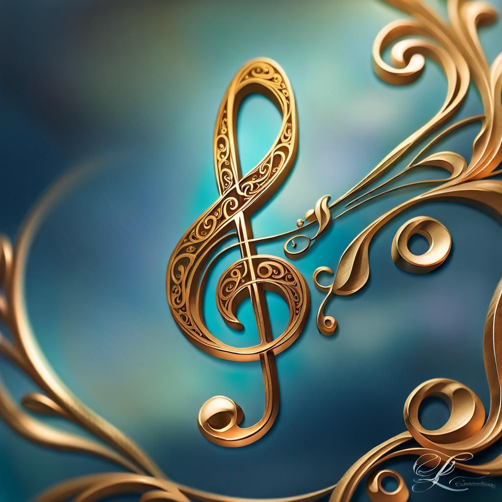 Gold Cursive E with Treble Clef in Art Nouveau